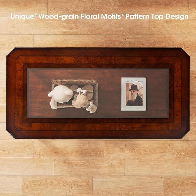PADMA HOUSE Traditional Wood Coffee Table with Glasstop & Curved Legs, Rectangle Solid Wood Tea Table with Storage Shelf, 2-Tier Glass Center Tables in Cherry for Living Room,47.2 * 23.6 * 17.9in
