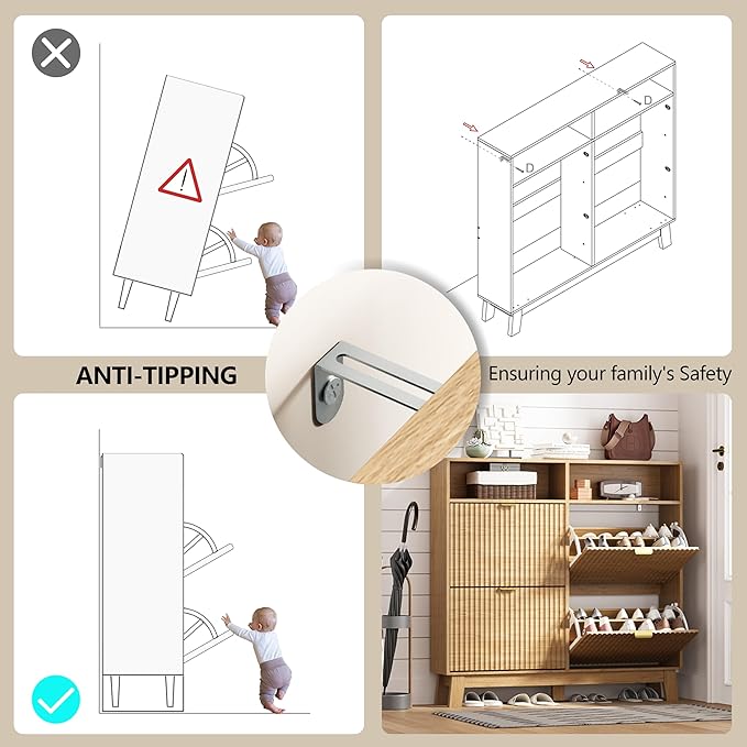 HUANLEGO Shoe Cabinet Storage for Entryway with 4 Flip Drawers, Fluted Narrow Shoe Organizer with Wooden Legs & Top Cubby, Freestanding Slim Shoe Storage Hidden Shoe Rack for Front Door Entrance, Oak - Image 5