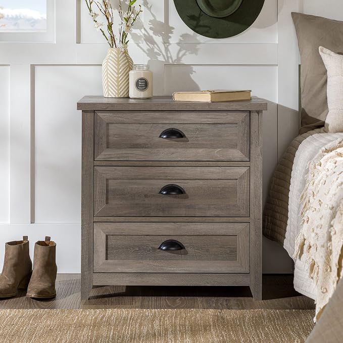 Walker Edison Hazel Modern Farmhouse 3 Drawer Framed Nightstand with Half-Moon Handles 25 Inch Grey Wash - Image 4