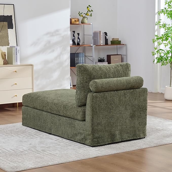 KEIKI 60" Chaise Lounge Chair Indoor, Modern Deep Seat Sofa Bed, Corduroy Couch with Cushions, Single Sleeper Chair for Living Room, Bedroom, Apartments, Green (Left Side)