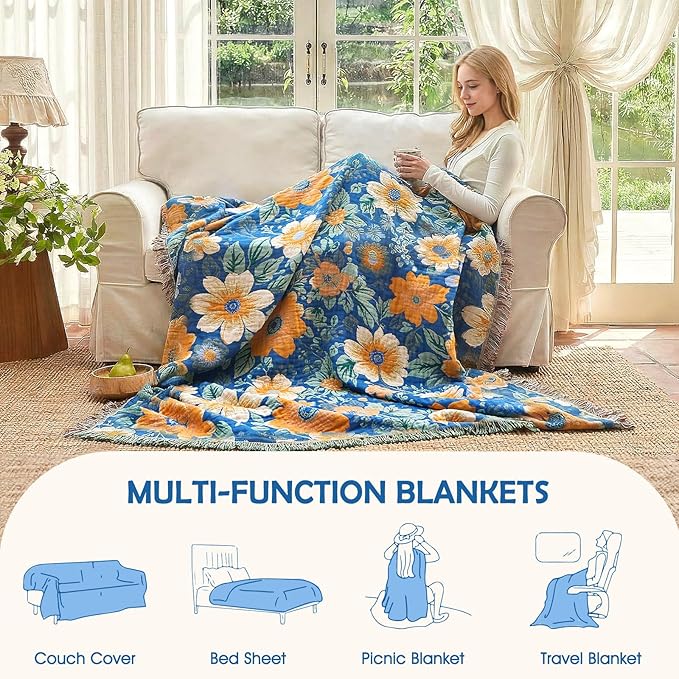Boho Throw Blanket - 100% Cotton Ultra Soft Muslin Spring Blanket, 50"x60" Lightweight Floral Bird Framhouse Bedding Blanket for Bed, All Season Blue Bohemian Bedroom Home Decor Quilt