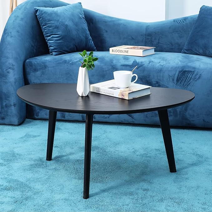 FIRMINANA Small Black Oval Coffee Table for Small Space , Simple Modern Center Table with OAK Wood Legs-Black-18.9" D x 33.47" W x 15.75" H