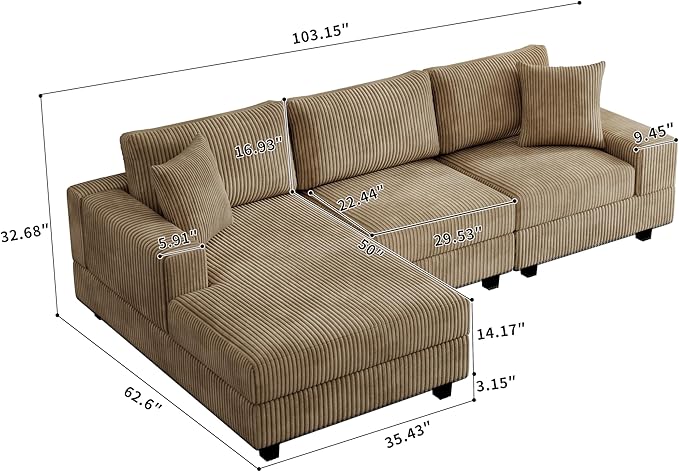 ERYE L-Shaped Reversible Chaise Sectional Sofa Corduroy Upholstered Corner Tufted Sofa Couch with Reversible Chaise Lounge,Headrests,Removable Armrests and 2 Pillows