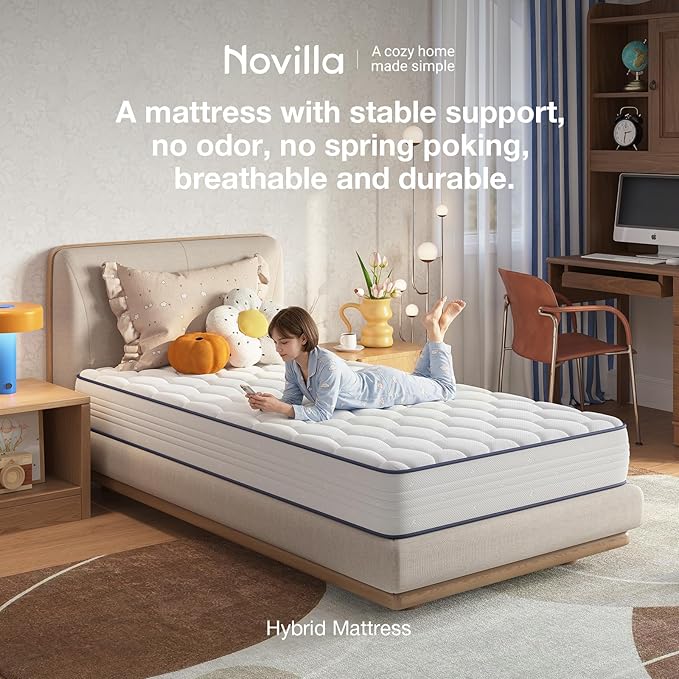 Novilla Queen Mattress 8 Inch, Foam and Spring Hybrid Mattress Queen Size with Adaptive Foam for Pressure Relieving & Breathable Comfort, CertiPUR-US Certified-Ideal for Youth & Guest Rooms