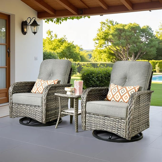 Outdoor Swivel Rocker Patio Chairs, 3 Piece Patio Furniture Set with Glider Chairs and Wicker Coffee Table, All Weather Rattan Chair Set for Porch Deck Yard Balcony, Dark Gray