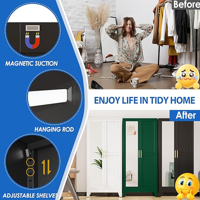 GAIOUS Metal Wardrobe Cabinet with Mirror and Hanging Rod, 71" Metal Clothing Storage Cabinets with 2 Doors and Adjustable Shelves, Black Armoire Wardrobe Closet for Bedroom, Laundry Room, Cloak Room