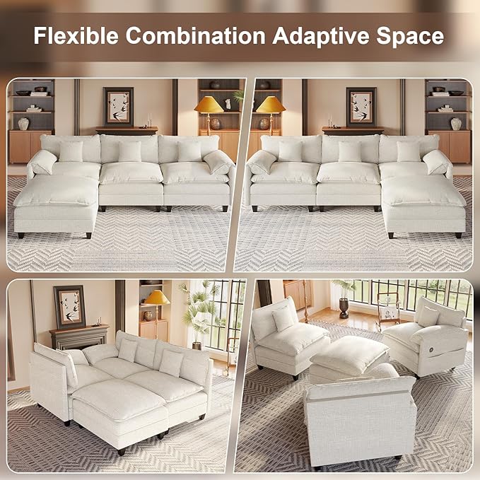 Modular Sectional Sofa, 108” Comfy Cloud Couch with Movable Ottoman | Charging Station | Side Pocket | Throw Pillow, Modern L-Shaped Couches for Living Room, Chenille, White