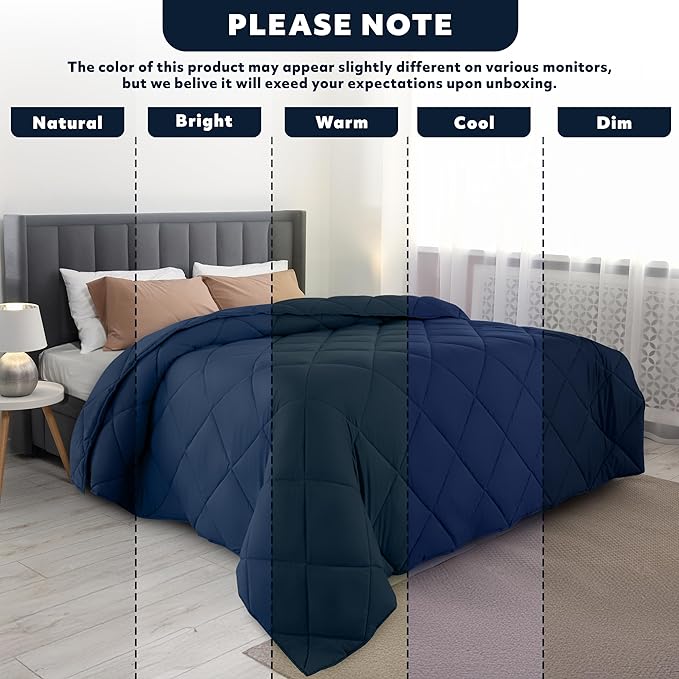 LUX Décor Lightweight Comforter Twin Size - Soft Breathable Down Alternative Diamond Stitched, All Season Navy Comforter with Double Stitched Piping, Oeko-TEX
