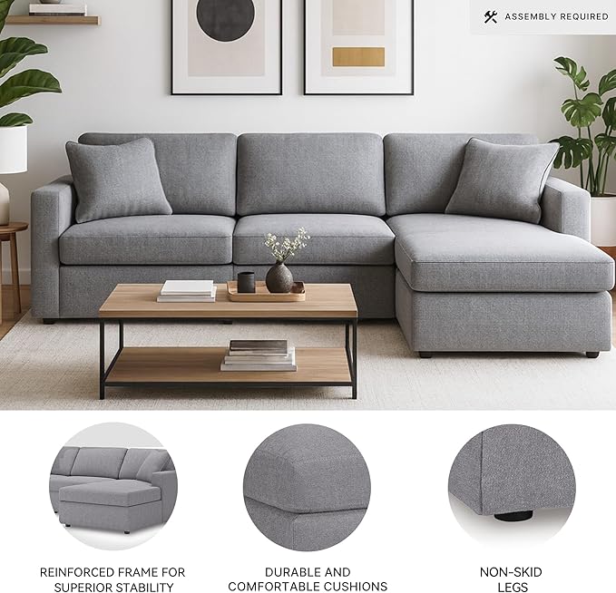 Signature Design by Ashley Modmax Casual L-Shaped Modular Stain Resistant 3-Piece Sectional with Chaise, Reversible Cushions and 2 Accent Pillows, Gray