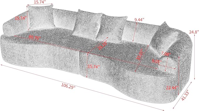 Curved Boneless Sofa Couches 4-Seat Tight Backrest Couch for Living Room Bedroom, Boneless Cloud Sofa with 4 Pillows, Floor Sofa in A Box No Assembly Required