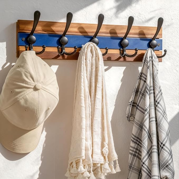 SKOLOO Rustic Wall Mounted Coat Rack - 16-7/8" Long Coat Hooks for Wall with 5 Triple Hooks for Hanging Coats, Hats or Tools, Western National Parks Collection, Wood Brown & Blue, Pack of 2 - Image 2