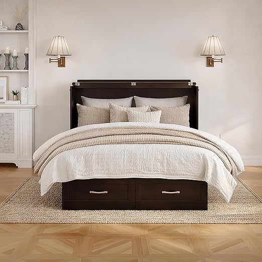 AFI, Chelsea Mid-Century Modern Full Wood Murphy Bed Chest with 6" Mattress, Storage Drawer & Built-in USB Charger, Espresso
