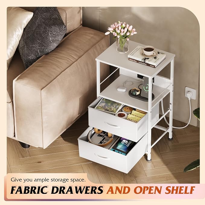 WLIVE White Night Stand Set of 2 with Charger Station, LED Nightstand with 2 Fabric Drawers and Storage Shelf, Bedside Tables with 3 USB Ports and 2 Outlets, Small Dresser for Bedroom,Small Space - Image 6