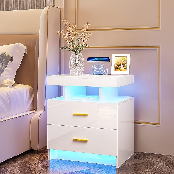 HNEBC Auto LED Nightstands Set of 2,Modern Bedside Table with USB Ports & Wireless Charging Station,High Gloss Bedside Tables with 2 Drawers,Nightstands for Bedrooms/Living Room (White) - Image 2