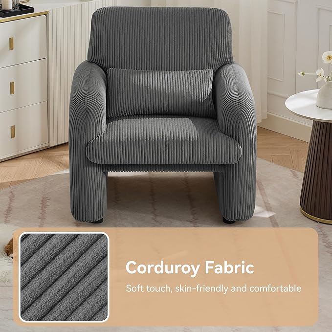 WUTUTUEE Corduroy Fabric Accent Chairs Set of 2, Modern Upholstered Living Room Chairs with Lumbar Pillow, Wide Comfy Leisure Armchair for Bedroom, Office, Reading, Grey