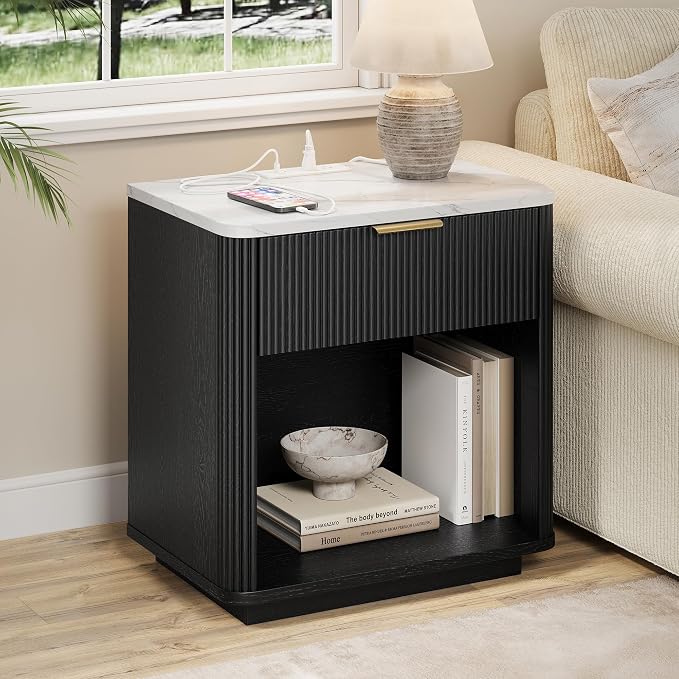 Fluted Nightstand with Drawer, Bedside Table with Faux Marble-Top, Modern Nightstand with Charging Station, Drawers and Open Shelf, Curved Corners, Modern Night Stand for Bedroom, Black - Image 3