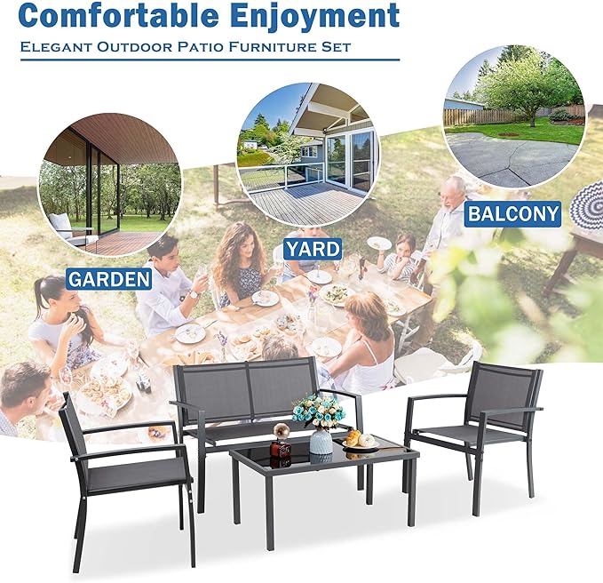 Vongrasig 4 Pieces Patio Furniture Sets, Small Outdoor Furniture Conversation Sets(Grey)