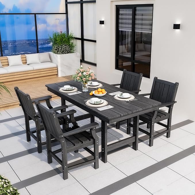 Pamapic 5-Piece Outdoor Dining Set, HDPE Outdoor Rectangular Table and 4 Chairs, Wood Grain Patio Furniture Sets with Armrest, All-Weather Patio Dining Table with Umbrella Hole, Black - Image 7
