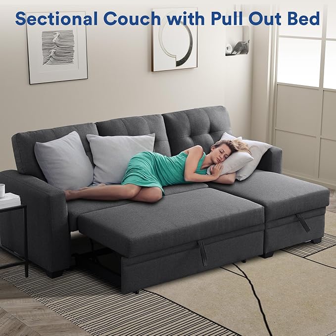 Rovibek 82" Convertible Sofa Bed Couch with Storage - 4 in 1 L Shaped Sofa with Pull Out Couch Bed for Living Room, Apartment, Office, Small Spaces, Dark Grey