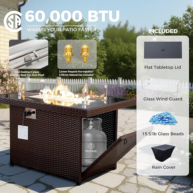 BULEXYARD 9 Piece Highback Patio Furniture Set with Fire Pit Table, Modern Modular Outdoor Sectional Couch Sofa with Ottoman, 8-Person Backyard Seating for Outside, Deck, Brown Wicker & Red Cushion