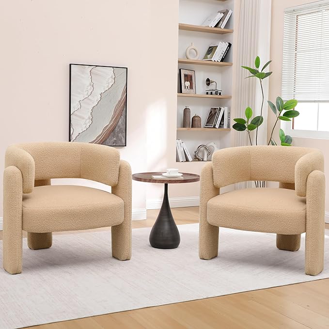 Accent Chairs Set of 2, Modern Sherpa Barrel Chairs, Upholstered Living Room Chairs with 3 Legs, Comfy Armchair Reading Side Chair for Bedroom, Office, Apartment, Khaki