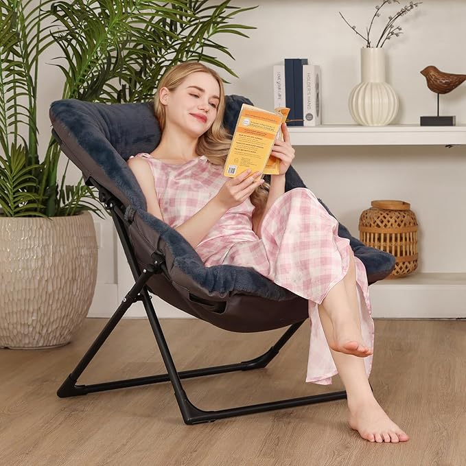 Comfy Saucer Chair for Adults, Set of 2, Soft Faux Fur Bedroom Chair, Accent Dorm Chairs, Flexible Living Room Reading Chairs, Oversized Folding Seat for Teens, X-Large, Navy Blue