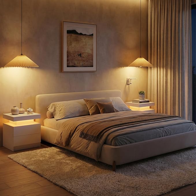 i-aplus LED Night Stand White Nightstand with 2 Drawers Modern Beside Table for Bedroom Side Bed Table with LED Lights - Image 7