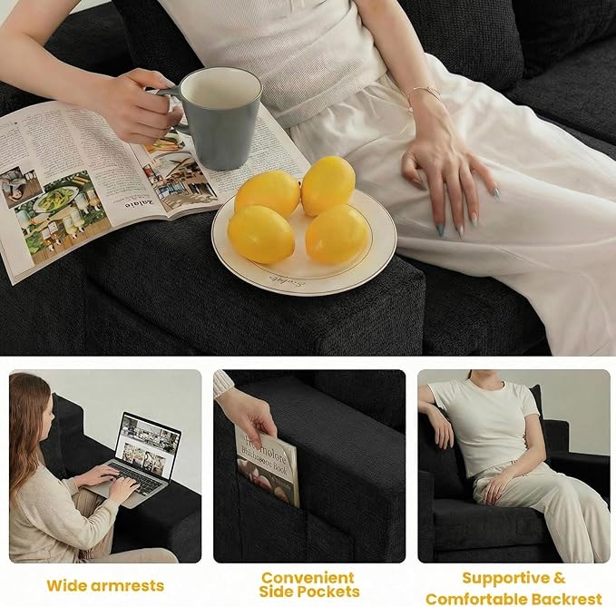 Boneless Loveseat Sleeper Sofa Bed: 3-in-1 Convertible Sofa Bed with Side Pockets & Handle,Pull Out Couch with 2 Pillows,Folding Futon for Small Space,Living Room & Bedroom,Chenille Fabric,No Assembly