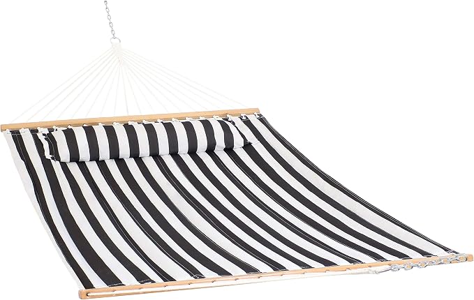 Sunnydaze Quilted Double Hammock for Outside with Spreader Bars and Pillow - 450 lb Capacity, 74x55 Inch Bed, UV Resistant, Quick Dry - Chains Included, Stand Sold Separately - Black & White by SunnydazeDecor