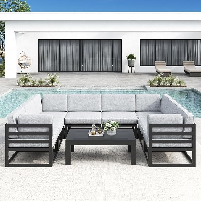 LayinSun Large Aluminum Patio Furniture Set, 9 Pieces Modern Outdoor Conversation Set Sectional Metal Sofa Set with Olefin Cushion