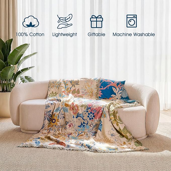 Boho Throw Blanket - 100% Cotton Throw Blankets for Bed Couch, 50"x60" Soft Muslin Lightweight Spring Throw Blanket, Cozy Floral Plant Printed Bohemain Bedding Decor Green Throw Quilt