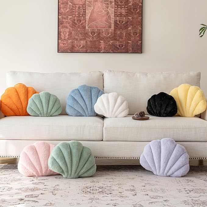 Shell Pillow, Seashell Throw Pillow with Soft Rabbit Plush for Couch Bed, Shell Shaped Decorative Ocean Pillow Stylish Beach Cushion Room Aesthetic Home Decor (Lavender Purple, 18 X 13 Inches)