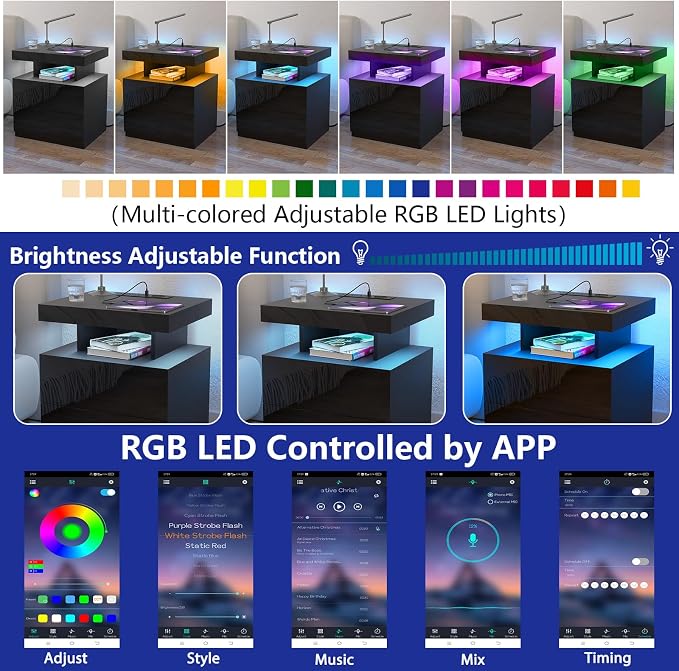 HOMMPA LED Nightstand with Wireless Charging Station & USB Ports High Gloss Bedside Table with LED Light RGB Adjustable Brightness Smart Nightstand 2 Drawers Night Stand for Bedroom Black - Image 4