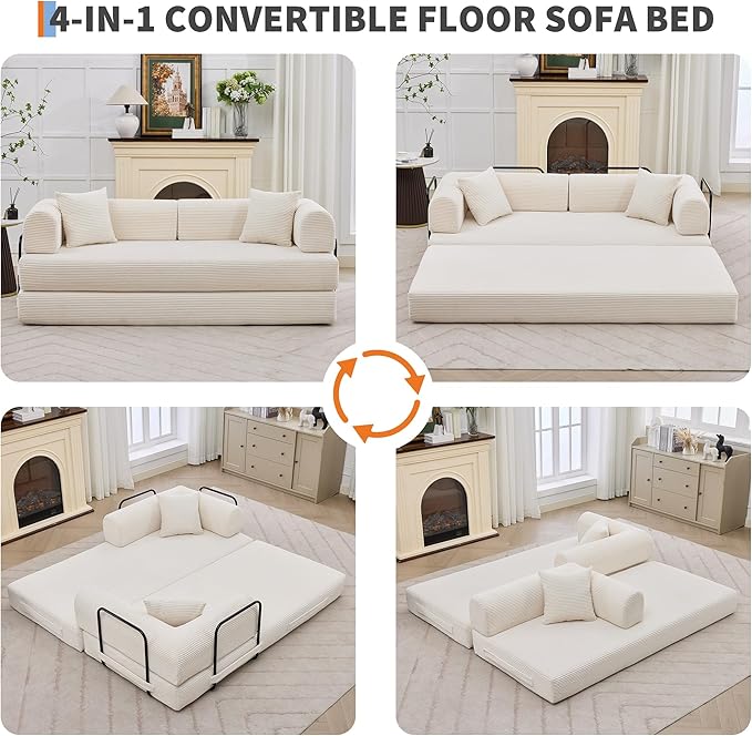 IDEALHOUSE 4 in 1 Convertible Sleeper Sofa Bed Couch, 79 Inch Boneless Corduroy Floor Couch with Pillows, No Assembly, Modern Deep Seat Sofa Futon Mattress for Living Room,Apartment,Beige