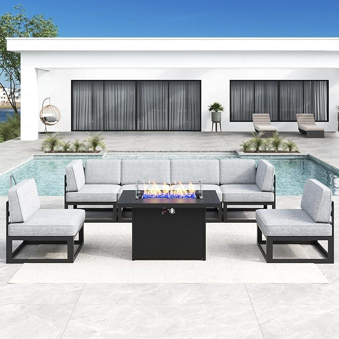 LayinSun Large Aluminum Patio Furniture Set with Fire Pit Table, 7 Pieces Modern Outdoor Conversation Set Sectional Metal Sofa Set with Olefin Cushion