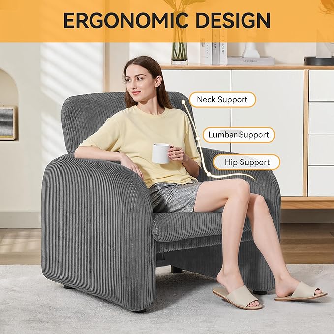Modern Accent Chair, Comfy Upholstered Corduroy Armchair, Stylish Lounge Reading Chair for Living Room, Bedroom, Grey