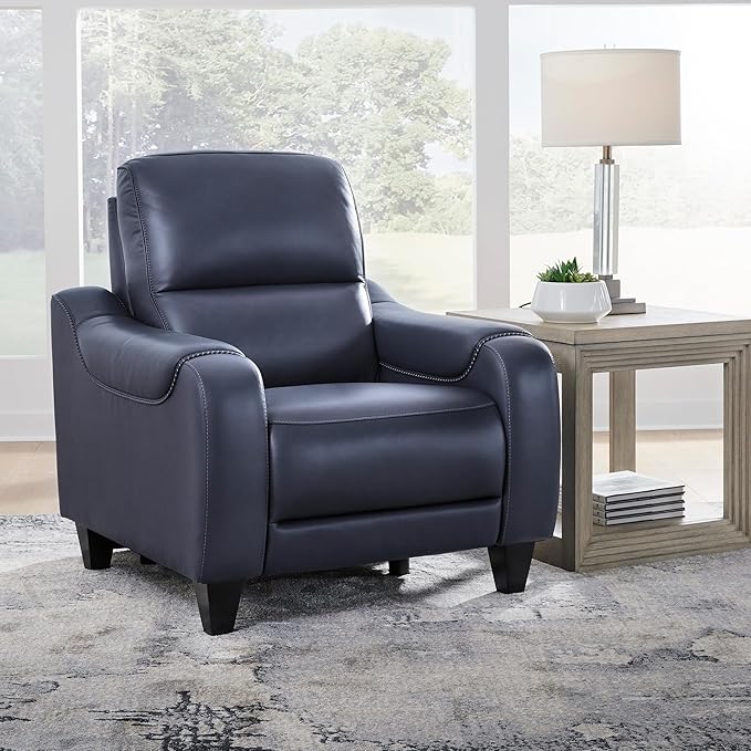 Signature Design by Ashley Mercomatic Contemporary Power Recliner with Adjustable Headrest and USB-C Fast Charging, Leather, 20.63" Seat Height, Blue