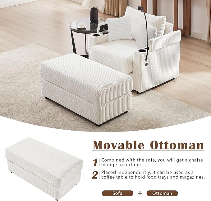 Merax Modern Upholstered Indoor Chaise Lounge with A Phone Holder, Charge Station & Cup Holders, Single Sofa Couch with Armrest and A Movable Ottoman, Beige