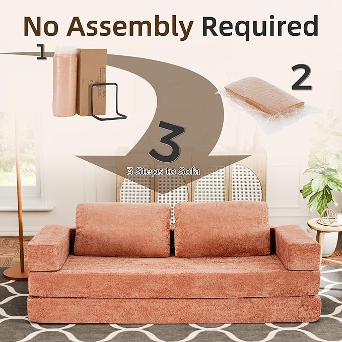 Convertible Sofa Bed, 4-in-1 DIY Combination Modular Couch with Pillows, Comfy Boneless Sleeper Sofa Bed with Fixed-Shape Frame, Chenille Convertible Lounge Couch for Living Room, Orange