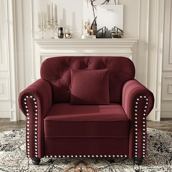 KEIKI 41" Velvet Chesterfield Sofa with Rolled Arms & Nailhead Trim & 1 Ottoman, Modern 1-Seater Button Tufted Couch with High Resilience Cushion & 1 Pillow, Easy Assembly, for Living Room, Burgundy