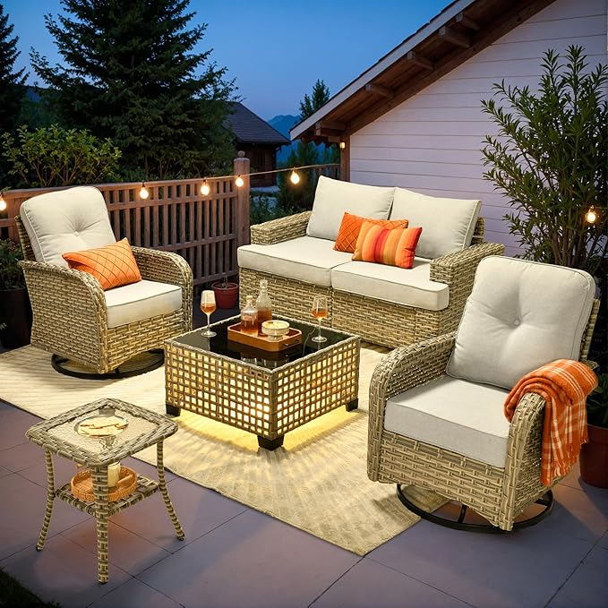 ovios 6 Piece Patio Sectional Furniture with Swivel Rocking Chairs, Rattan Wicker Coversation Set with Glowing Coffee Table, Outdoor Sofa Set for Outside Porch Balcony Backyard Pool, Light Grey