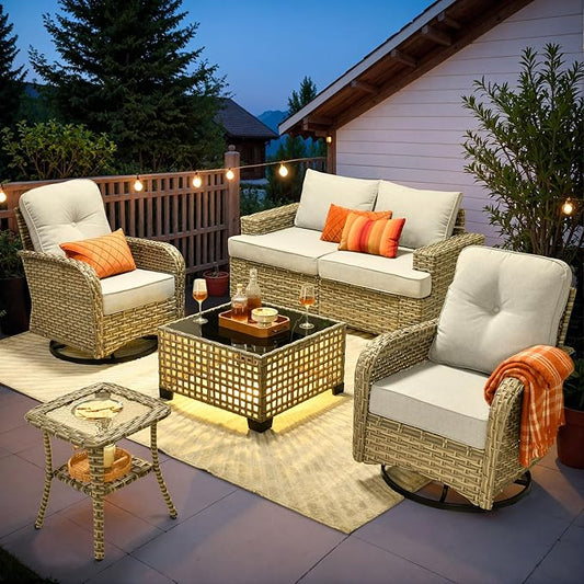 ovios 6 Piece Patio Sectional Furniture with Swivel Rocking Chairs, Rattan Wicker Coversation Set with Glowing Coffee Table, Outdoor Sofa Set for Outside Porch Balcony Backyard Pool, Light Grey