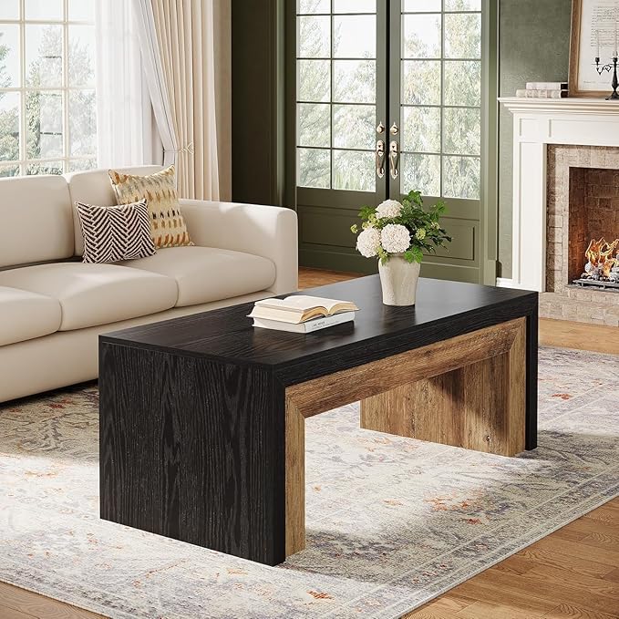 Tribesigns 47-Inch Coffee Table for Living Room, Mid-Century Modern Coffee Table with Sturdy Base, Farmhouse Rectangle Accent Center for Apartment, Easy Assembly (Black & Walnut)