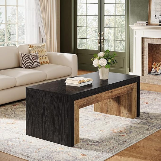 Tribesigns 47-Inch Coffee Table for Living Room, Mid-Century Modern Coffee Table with Sturdy Base, Farmhouse Rectangle Accent Center for Apartment, Easy Assembly (Black & Walnut)