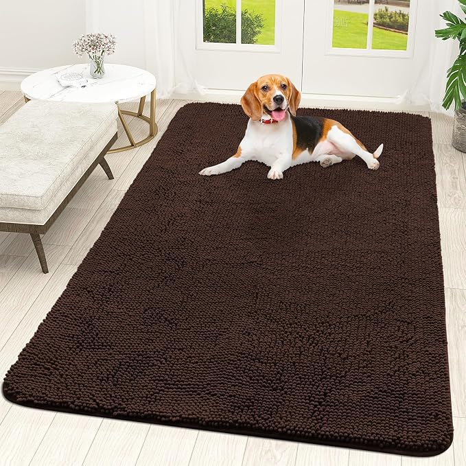OLANLY Dog Door Mat for Muddy Paws 59x35, Absorbs Moisture and Dirt, Absorbent Non-Slip Washable Doormat, Quick Dry Chenille Mud Mat for Dogs, Entry Indoor Entryway Carpet for Inside Floor, Brown by OLANLY