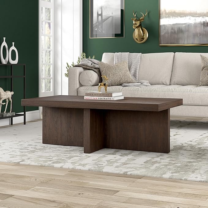 Henn&Hart 44" Rectangular Pedestal Low-Profile Coffee Table for Living Room, Family Room, or Office, Alder Brown