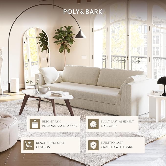 Poly & BARK Capri 99" Sofa – Upholstered in Performance Fabric, Square‑Arm Design with Loose Cushions and Solid Frame – Fully Assembled, Stylish Comfort for Living Spaces