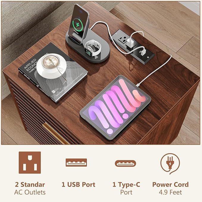 Alohappy Night Stands with Charging Station Set of 2, Mid Century Modern Nightstands, Wooden Bedside Table for Bedroom, End Table with Storage Drawers, Bed Side Table with USB Outlets, Brown 2pcs - Image 3