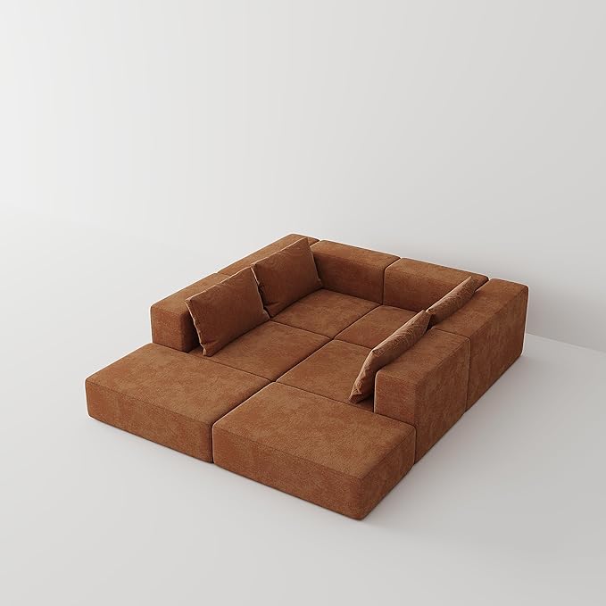 Acanva Oversized Modular Sectional Sofa with Removable Washable Slipcovers, Modern Low Profile Deep Seat Couch for Living Room, Chenille-Tangerine, 4 Armless Chairs & 4 Armrests/Ottomans