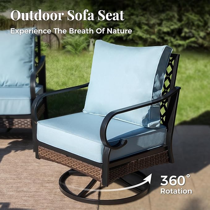 Patio Furniture Set with Coffee Table, Outdoor Conversation Set with 2 x Fixed Chairs, 2 x Swivel Chairs, 1 x 3-Seat Sofa for Lawn Garden Backyard, Blue